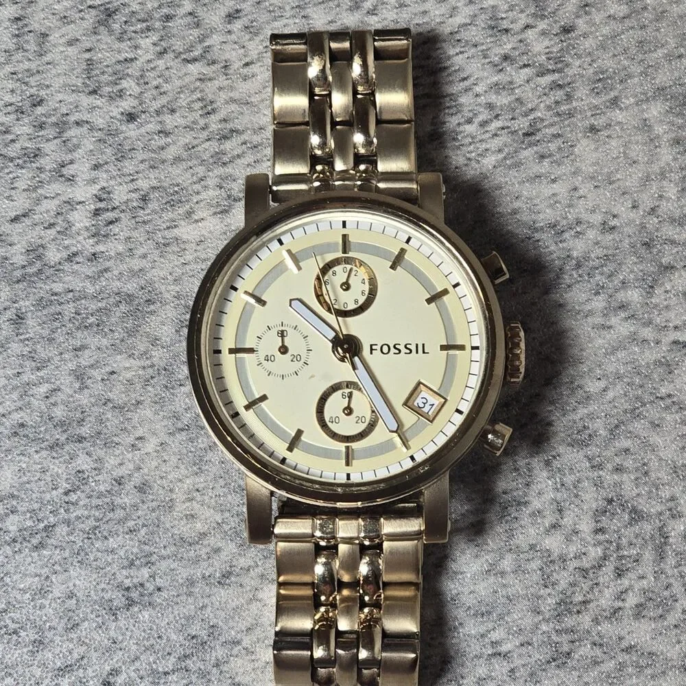 Fossil Chronograph Gold-Tone Stainless Steel Women's Watch ES-2197 Needs Battery